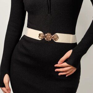 2/$30 Elastic Stretch Beige Belt with Gold Rose Buckle Thin Pu Leather For Dress